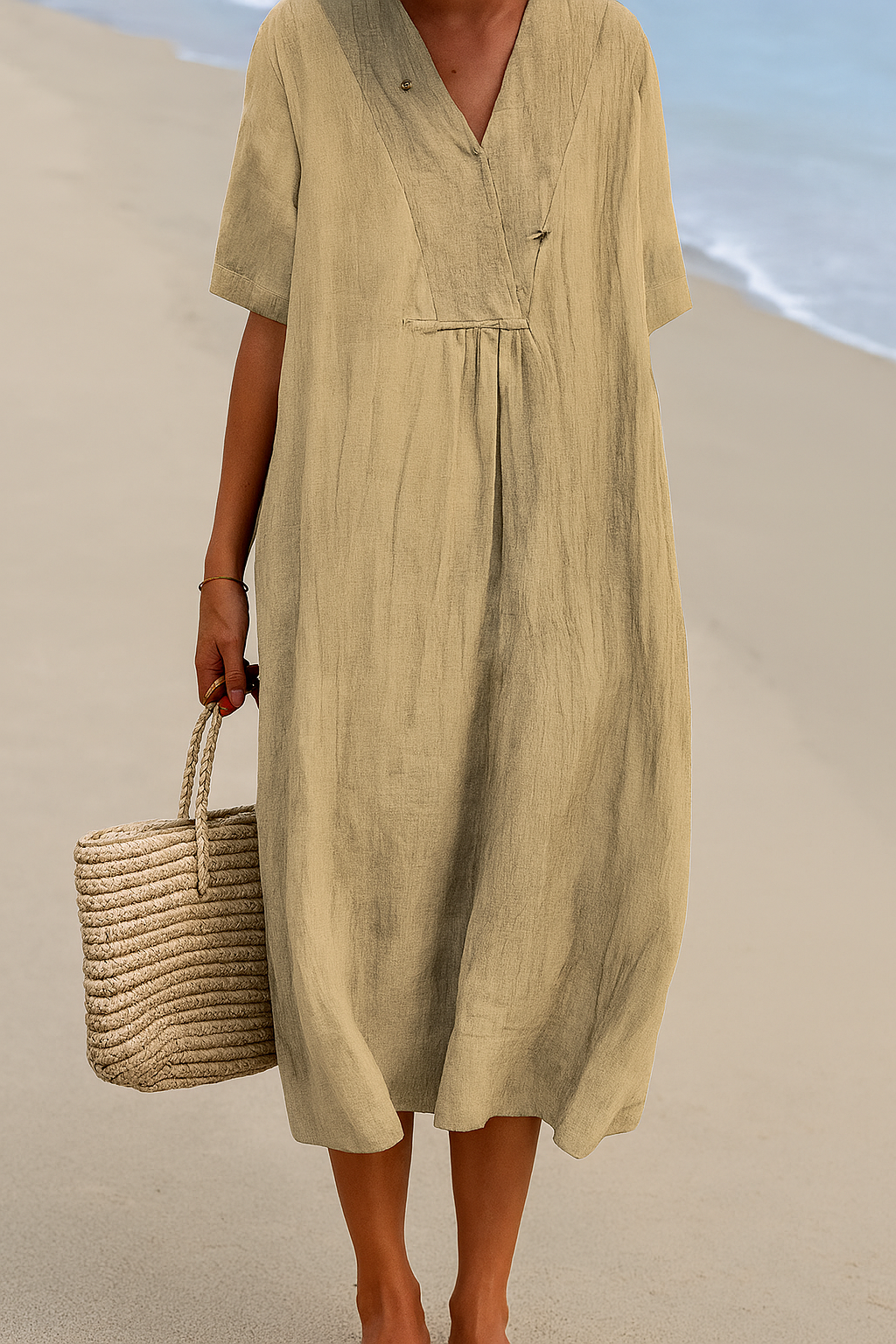 Robe de plage décontractée à col en V et manches courtes