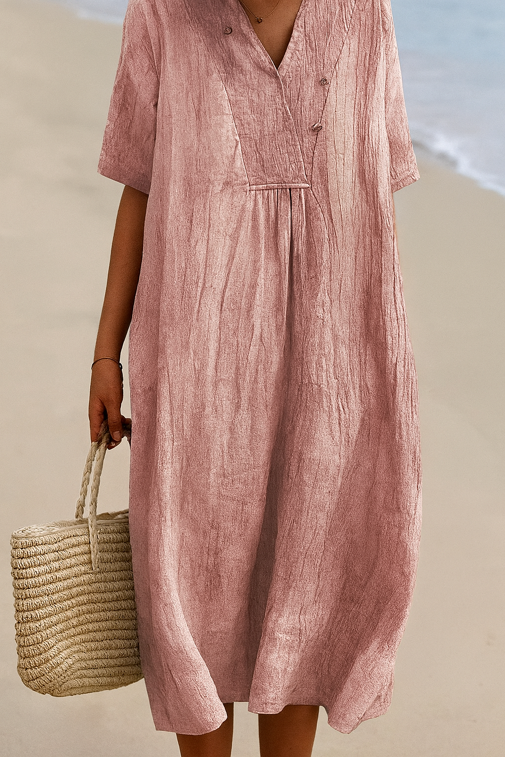 Robe de plage décontractée à col en V et manches courtes