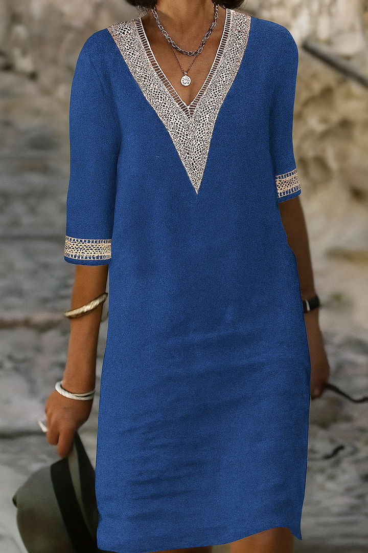 Mini-robe à col en V en mélange de coton et de lin
