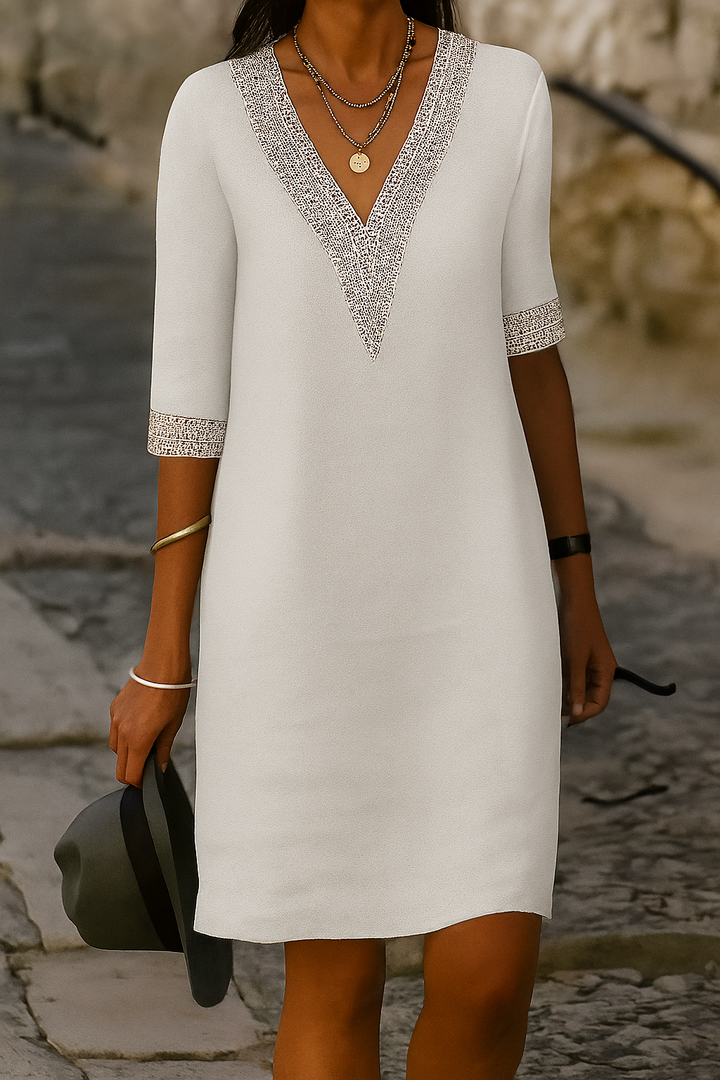 Mini-robe à col en V en mélange de coton et de lin