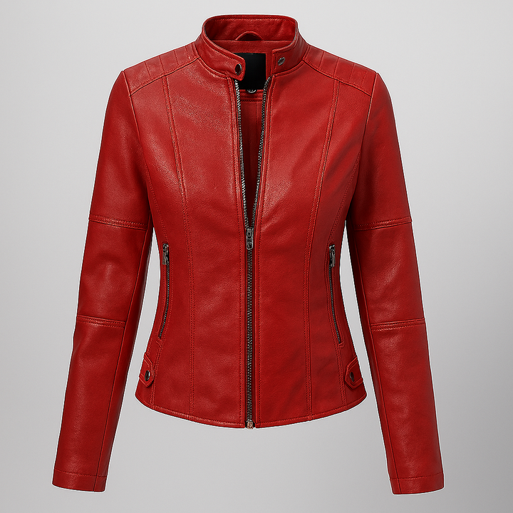 Veste de moto en cuir rouge ajustée pour femme