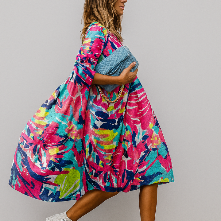 Robe chemise mi-longue à imprimé floral surdimensionné