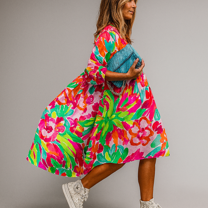 Robe chemise mi-longue à imprimé floral surdimensionné