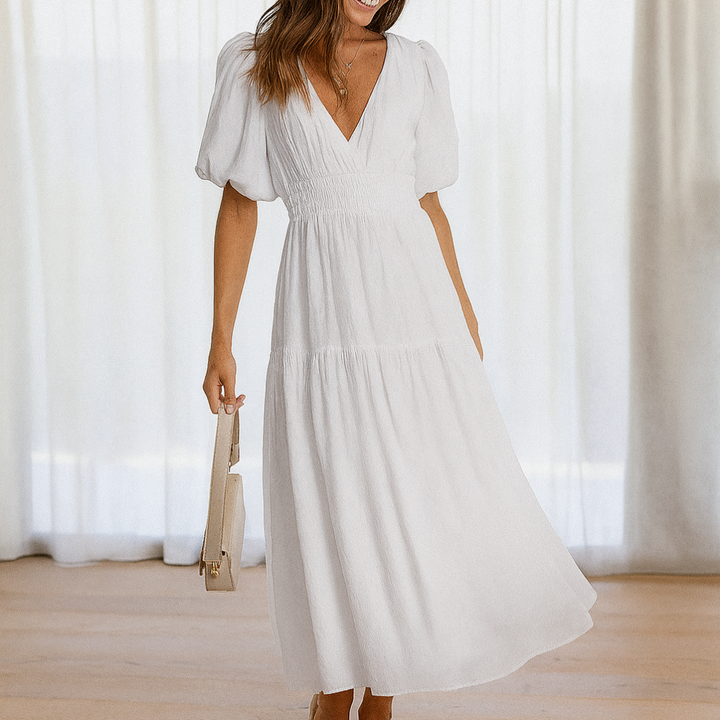 Robe mi-longue à col en V et taille élastique pour femme