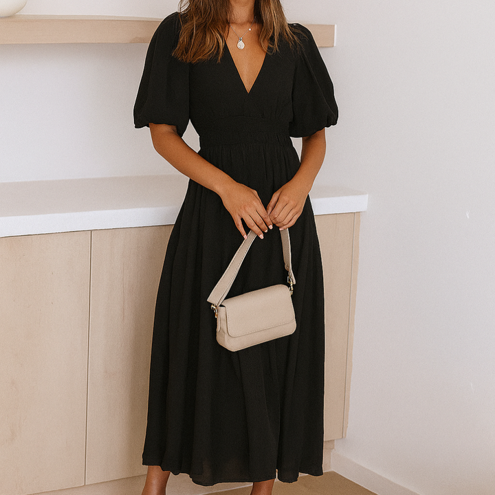Robe mi-longue à col en V et taille élastique pour femme