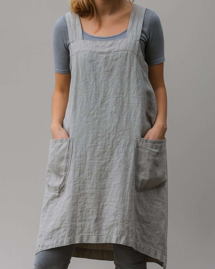 Robe tablier pour femmes en coton et lin avec poches