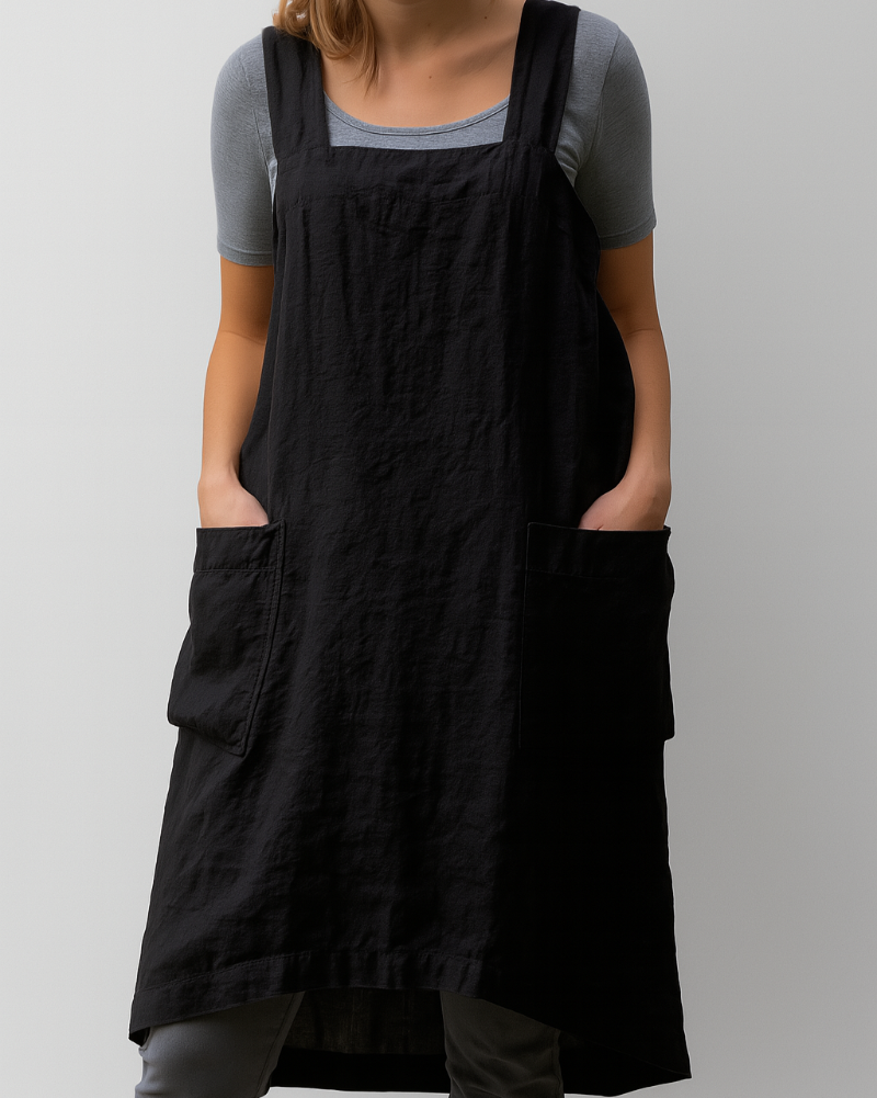 Robe tablier pour femmes en coton et lin avec poches