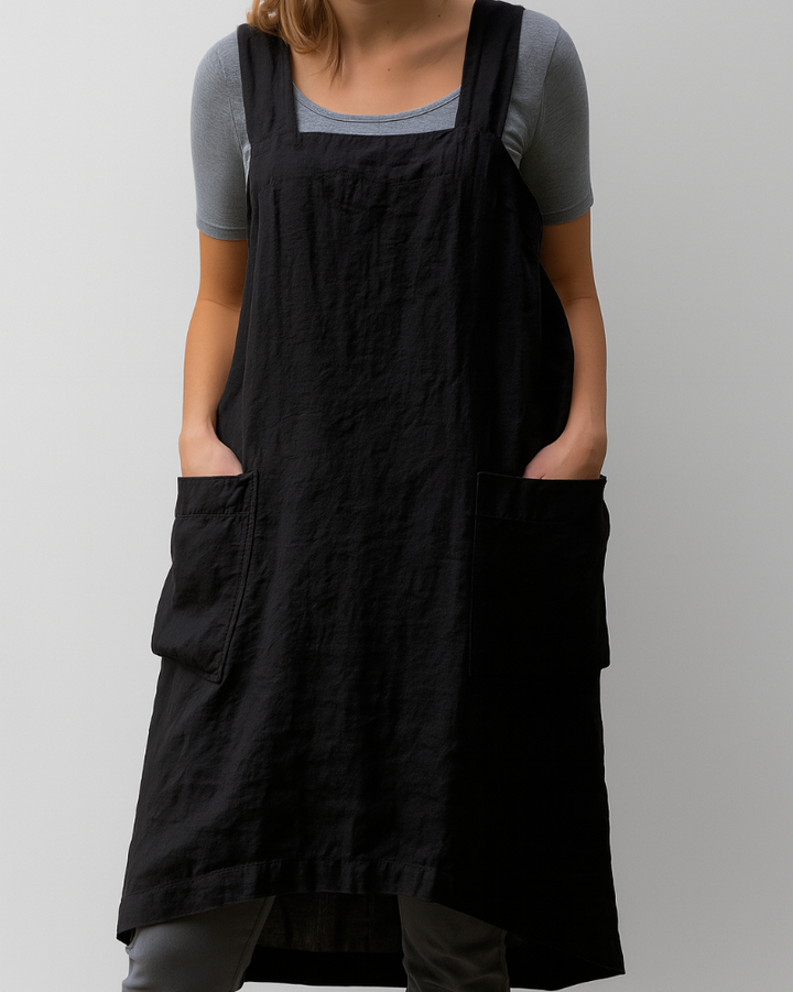 Robe tablier pour femmes en coton et lin avec poches