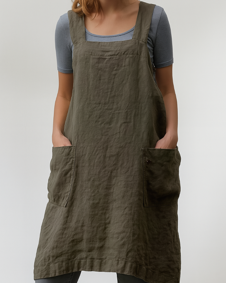 Robe tablier pour femmes en coton et lin avec poches