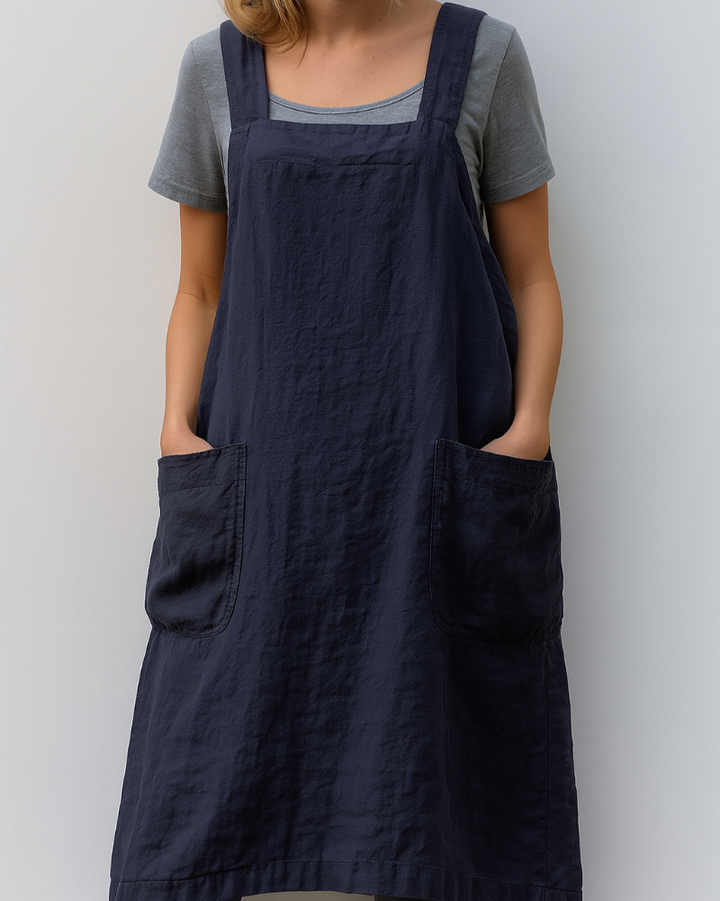Robe tablier pour femmes en coton et lin avec poches