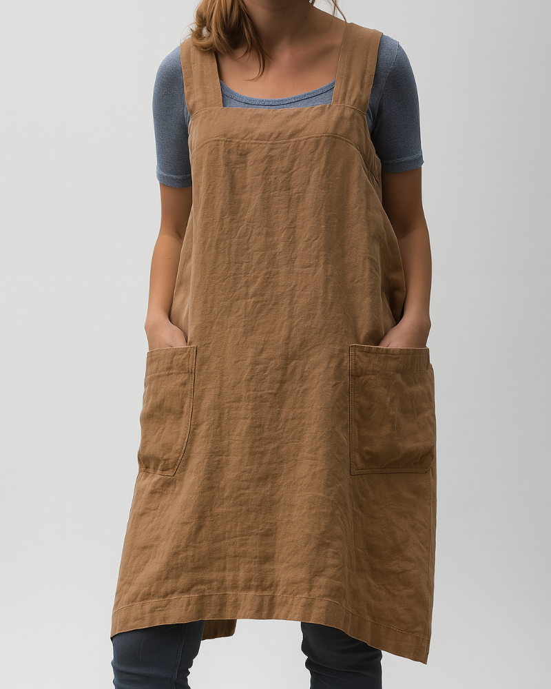 Robe tablier pour femmes en coton et lin avec poches