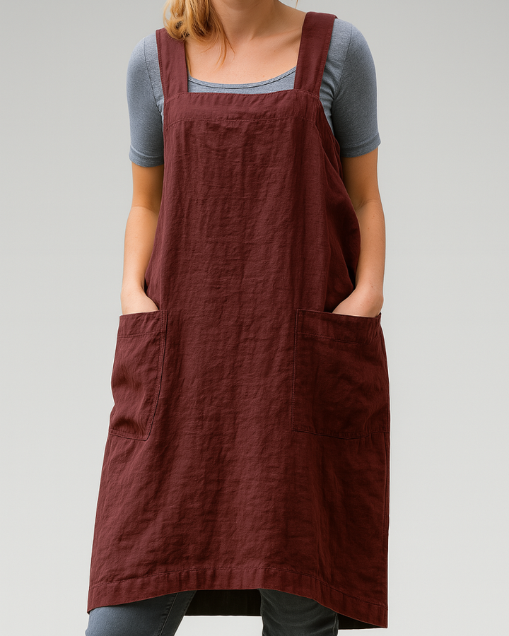 Robe tablier pour femmes en coton et lin avec poches