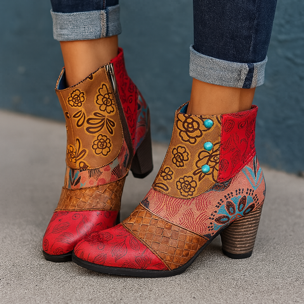 Cuir floral gaufré avec talon épais et charme vintage