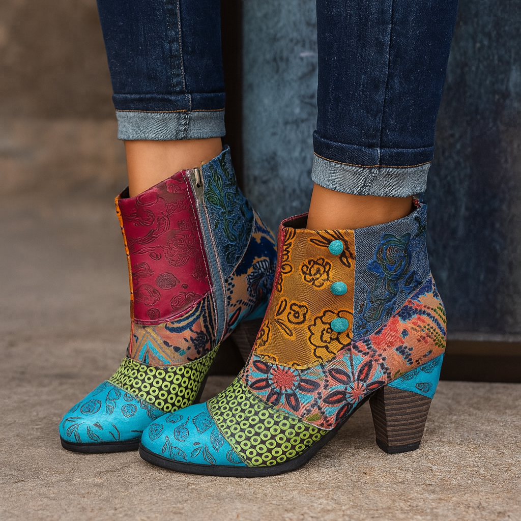 Cuir floral gaufré avec talon épais et charme vintage
