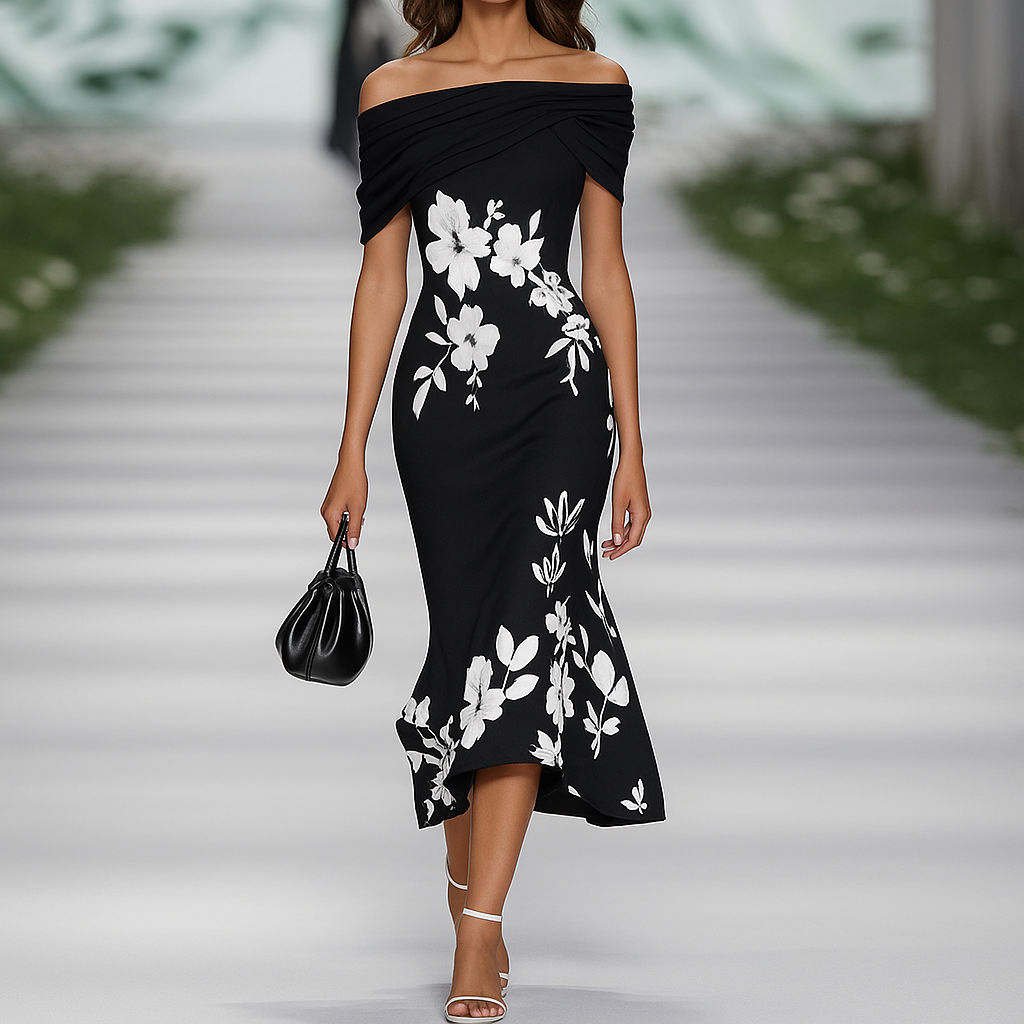 Robe fleurie drapée à épaules dénudées