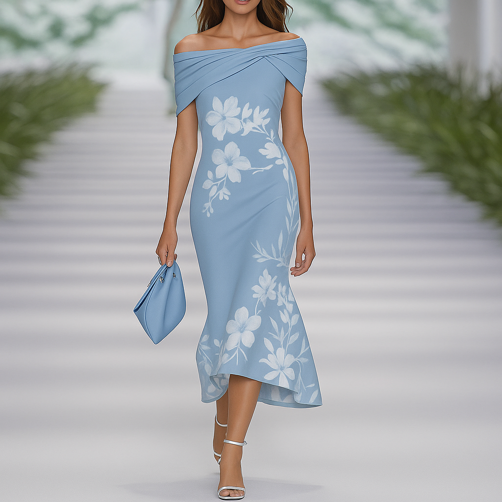 Robe fleurie drapée à épaules dénudées
