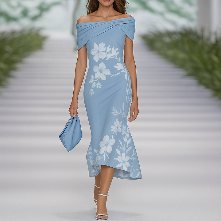Robe fleurie drapée à épaules dénudées