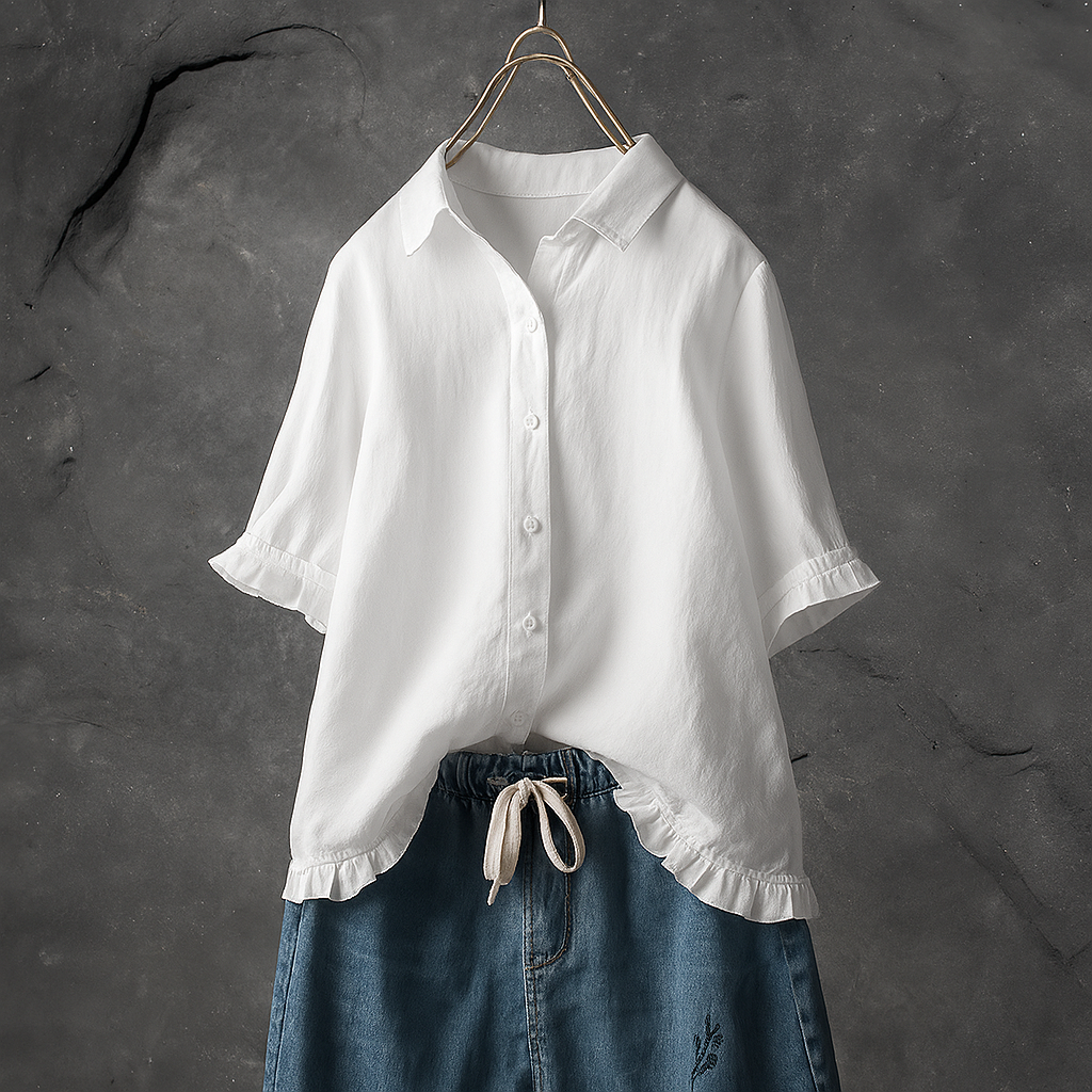 Chemisier boutonné en coton avec ourlet à volants
