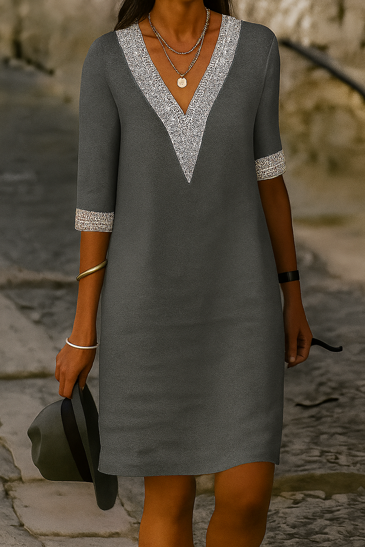 Mini-robe à col en V en mélange de coton et de lin