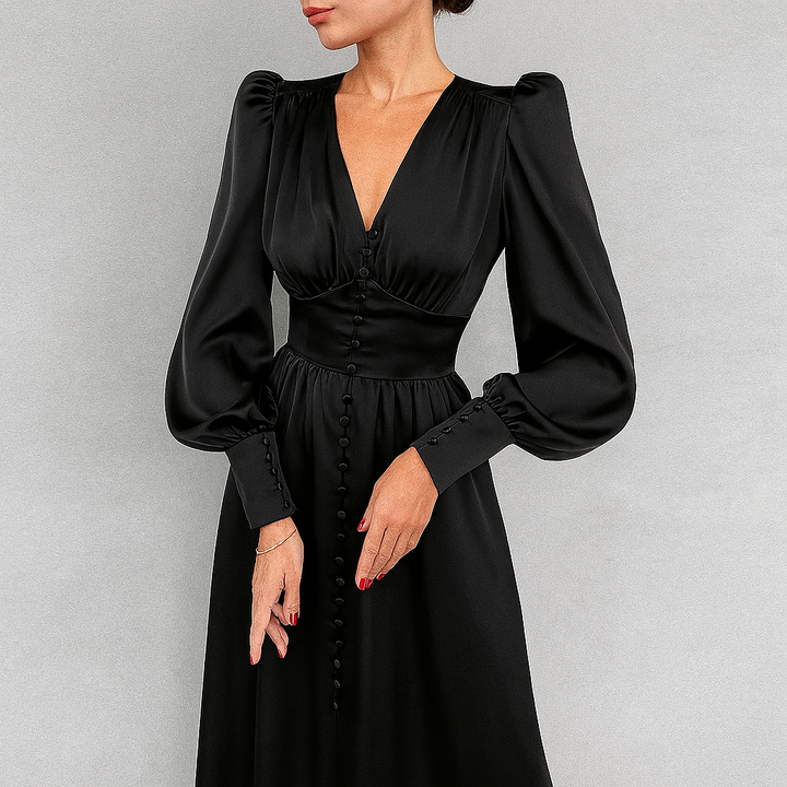 Robe mi-longue soyeuse à manches bouffantes et col en V