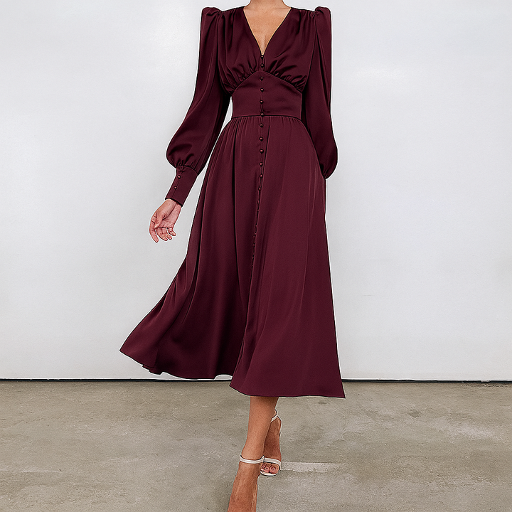 Robe mi-longue soyeuse à manches bouffantes et col en V