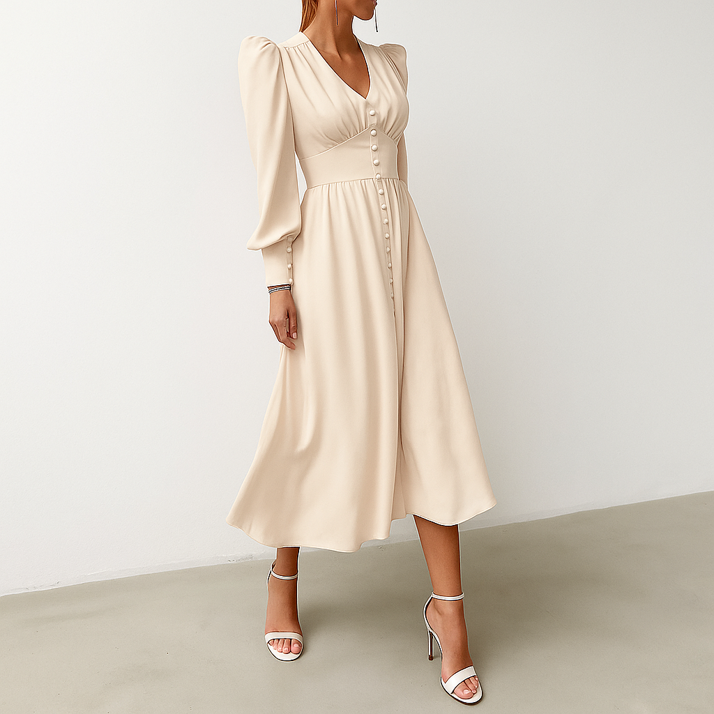 Robe mi-longue soyeuse à manches bouffantes et col en V