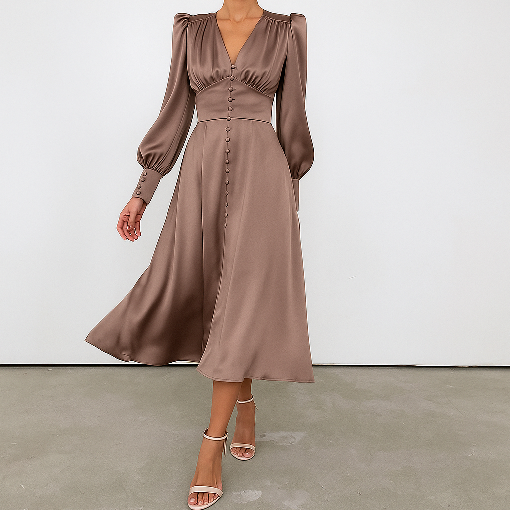 Robe mi-longue soyeuse à manches bouffantes et col en V