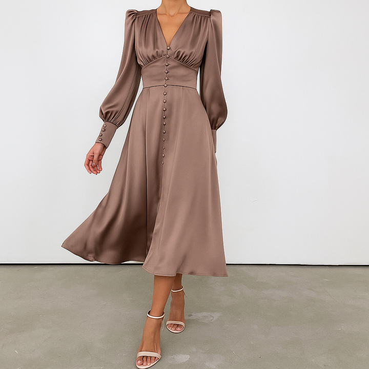 Robe mi-longue soyeuse à manches bouffantes et col en V
