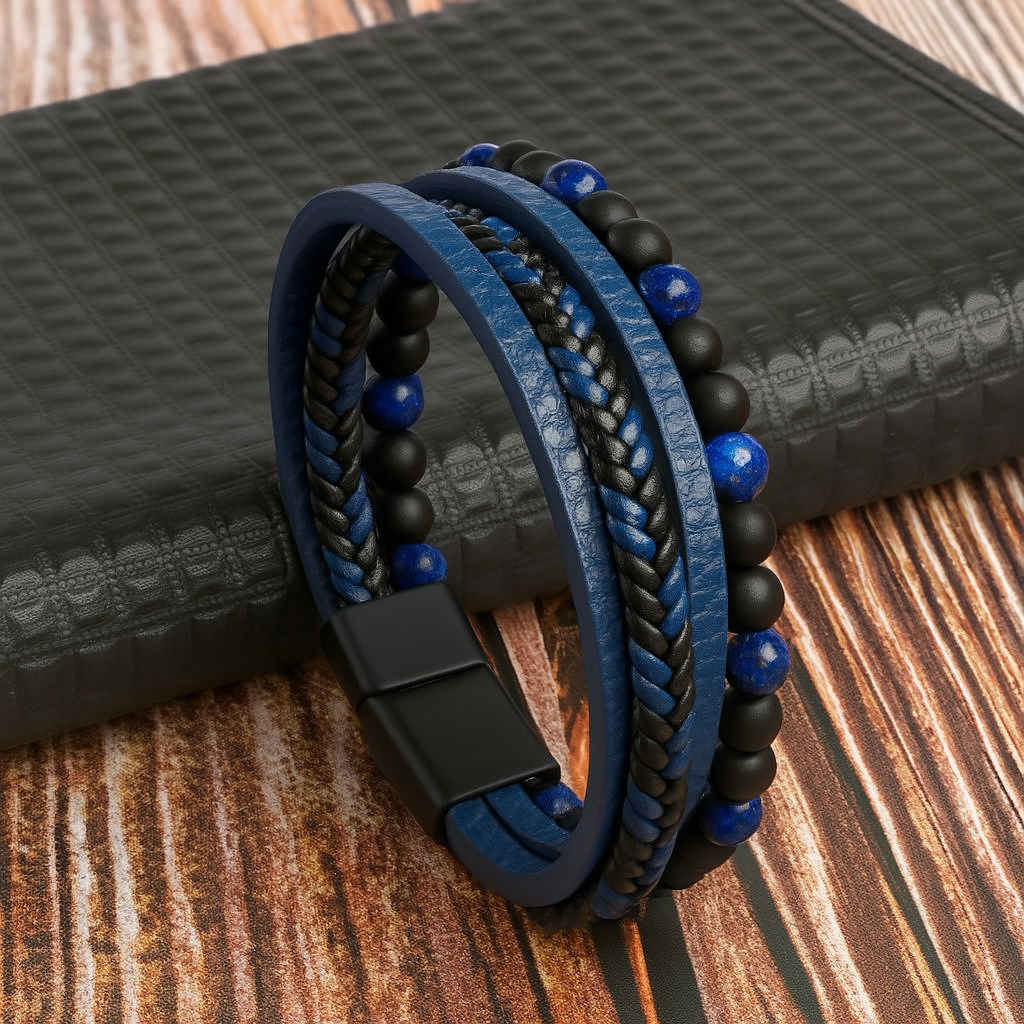 Bracelet homme en cuir et perles de pierre superposés