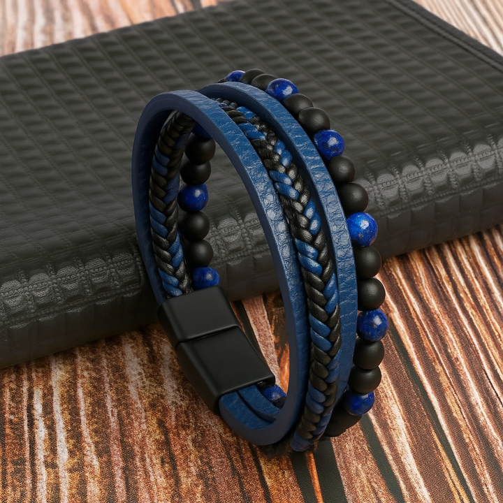 Bracelet homme en cuir et perles de pierre superposés
