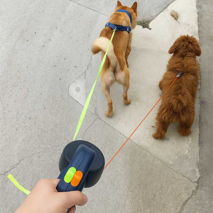 Laisse rétractable double pour chien avec rotation à 360°