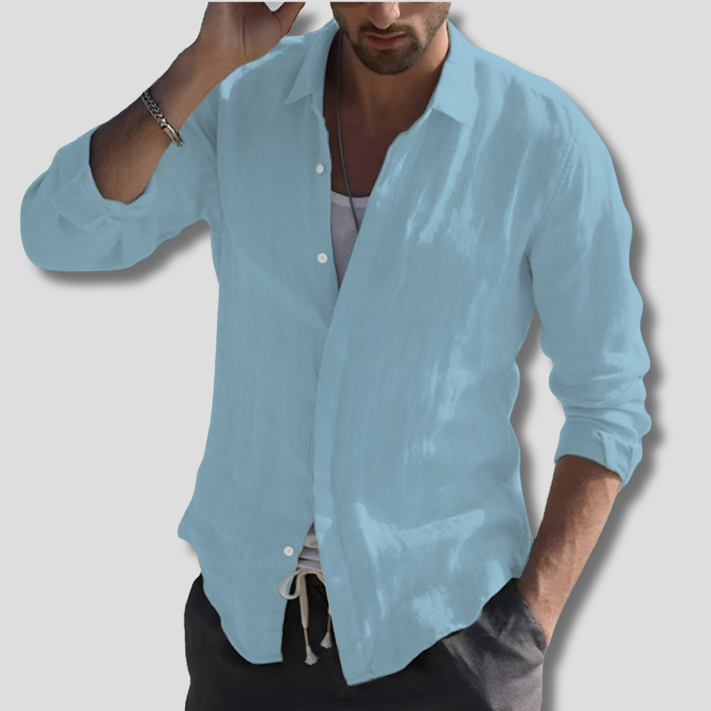 Chemise vintage en lin uni à col rabattu