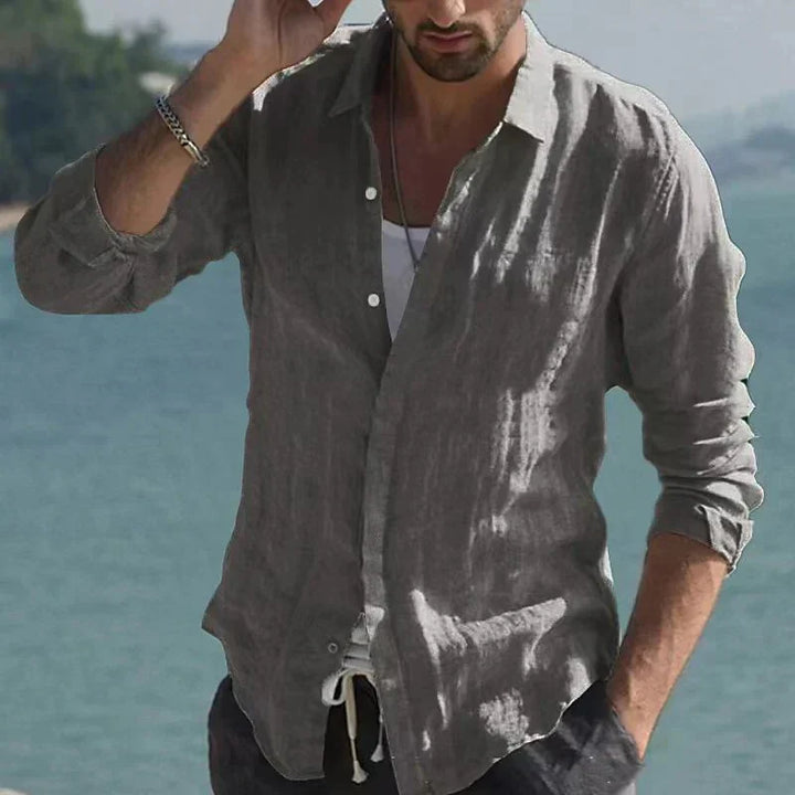 Chemise vintage en lin uni à col rabattu