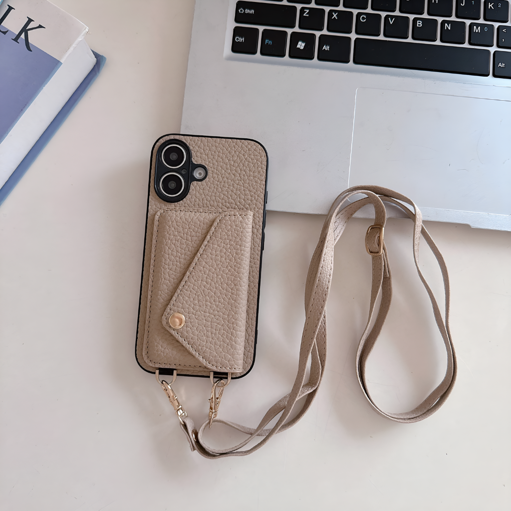Étui en cuir pour téléphone portable avec cordon pour clés et porte-cartes