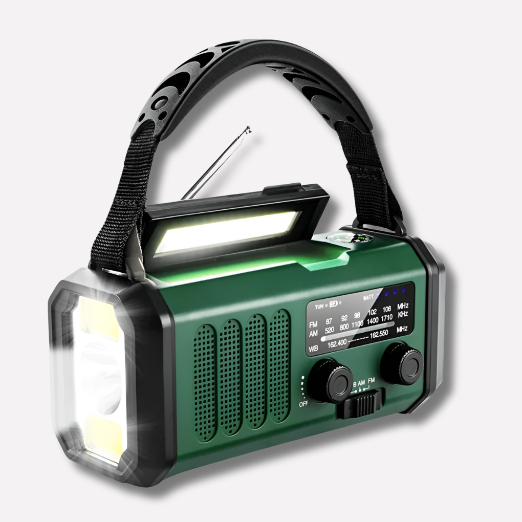 Radio d’urgence avec manivelle, panneau solaire et fonction powerbank