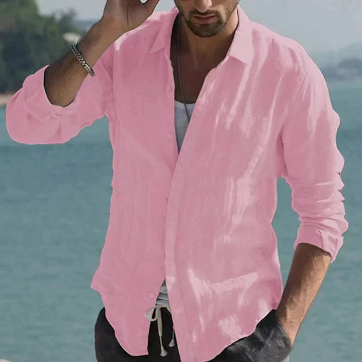 Chemise vintage en lin uni à col rabattu