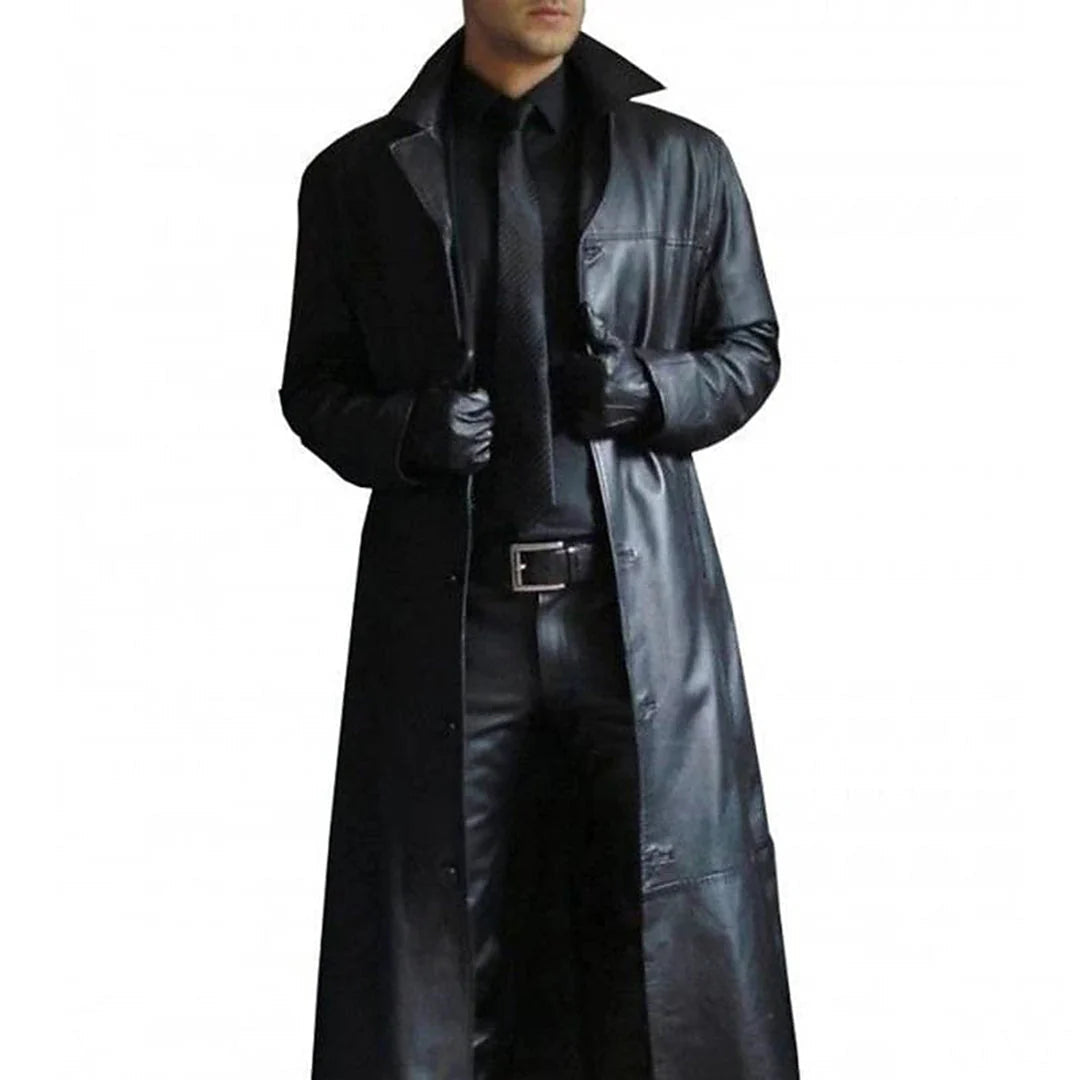 Manteau d'hiver long en faux cuir pour hommes