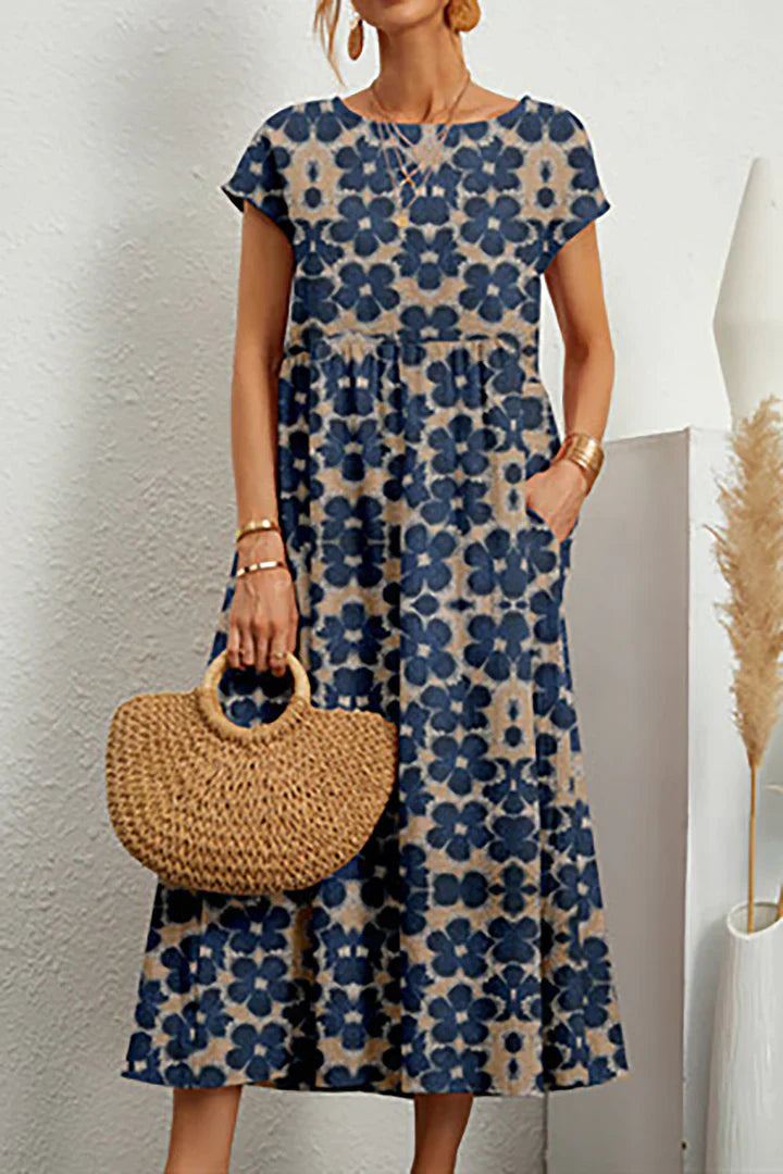 Robe mi-longue à imprimé floral bohème avec manches courtes
