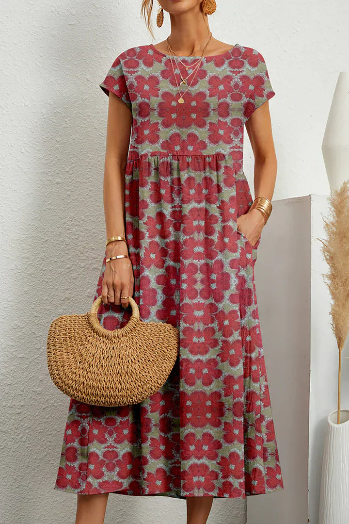Robe mi-longue à imprimé floral bohème avec manches courtes