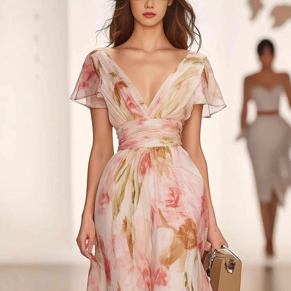 Robe longue ajustée et évasée à manches flottantes