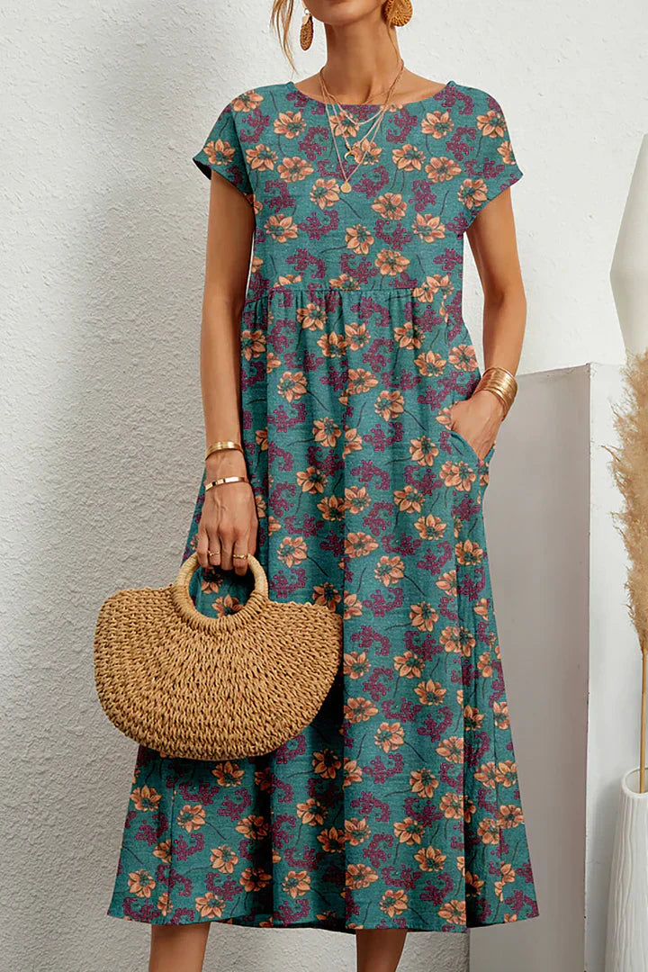 Robe mi-longue à imprimé floral bohème avec manches courtes