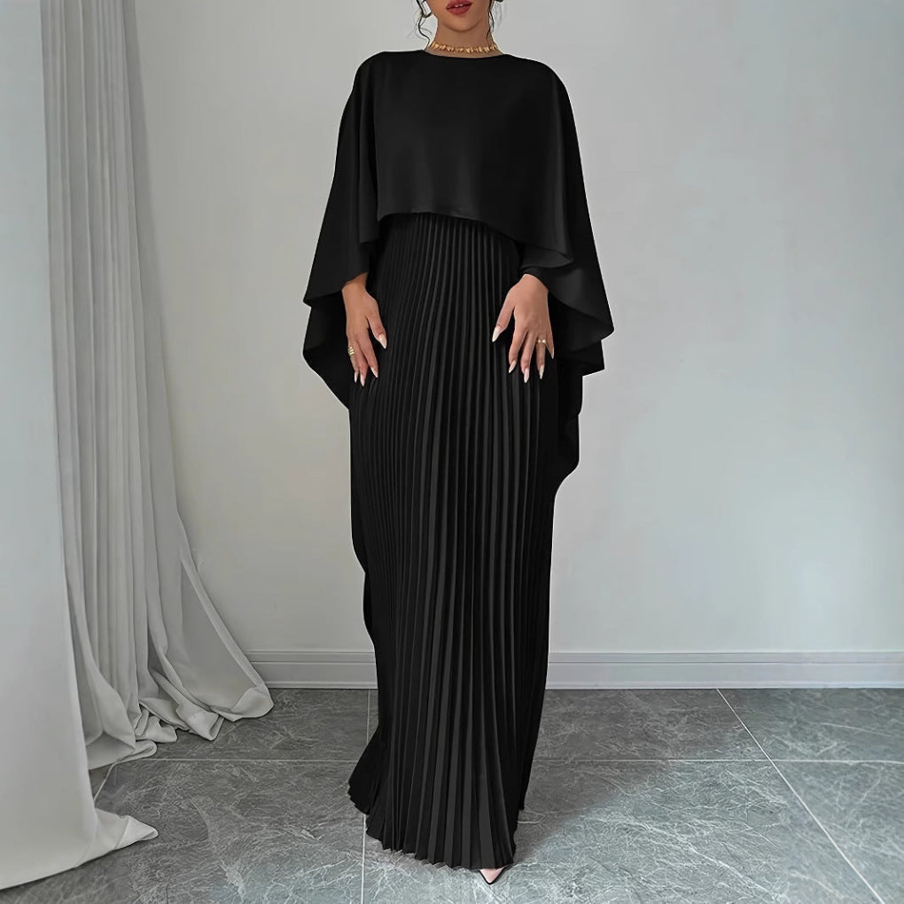 Robe longue fluide plissée à manches chauve-souris