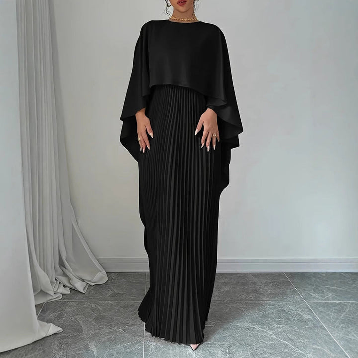 Robe longue fluide plissée à manches chauve-souris