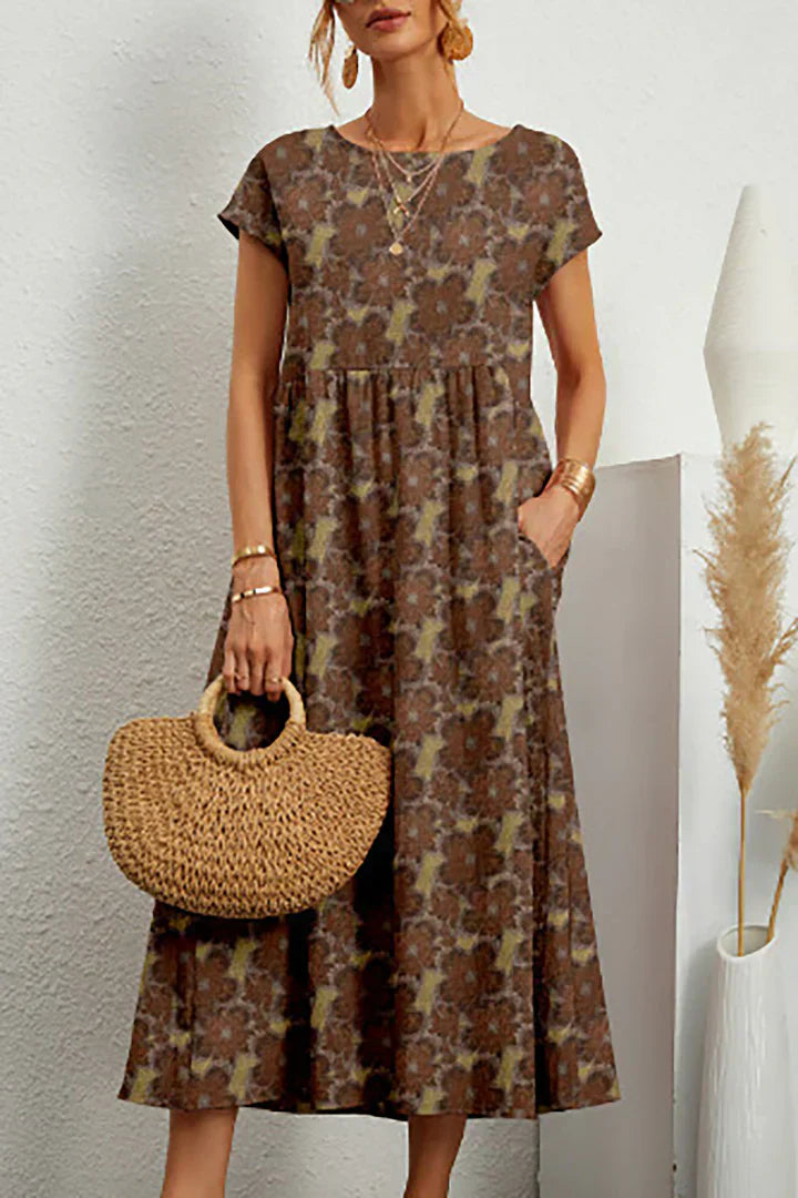 Robe mi-longue à imprimé floral bohème avec manches courtes