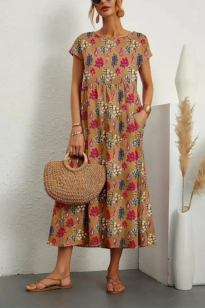 Robe mi-longue à imprimé floral bohème avec manches courtes