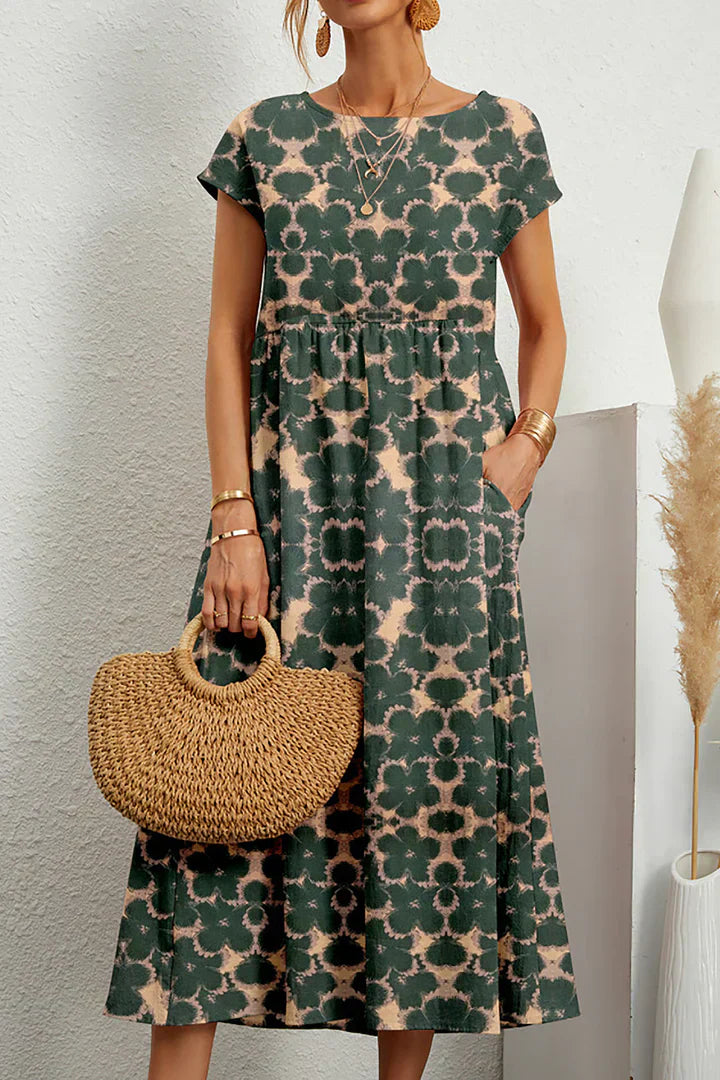 Robe mi-longue à imprimé floral bohème avec manches courtes