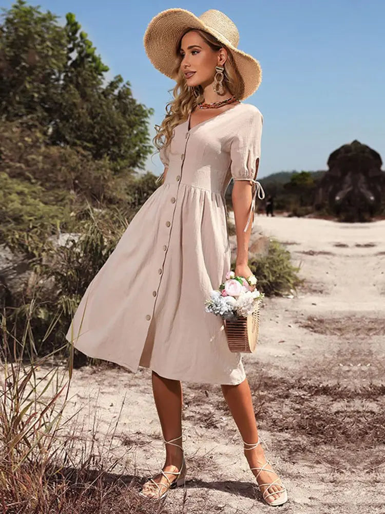 Robe printemps/été en coton à col en V