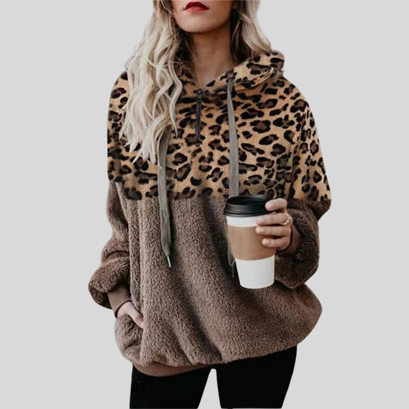 Tess - Sweat à capuche décontracté en peluche avec poche et imprimé léopard