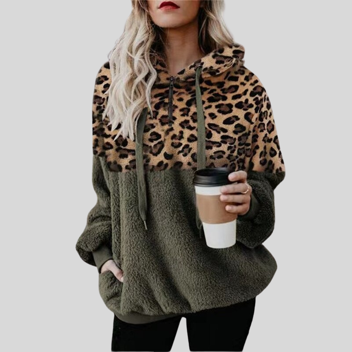Tess - Sweat à capuche décontracté en peluche avec poche et imprimé léopard