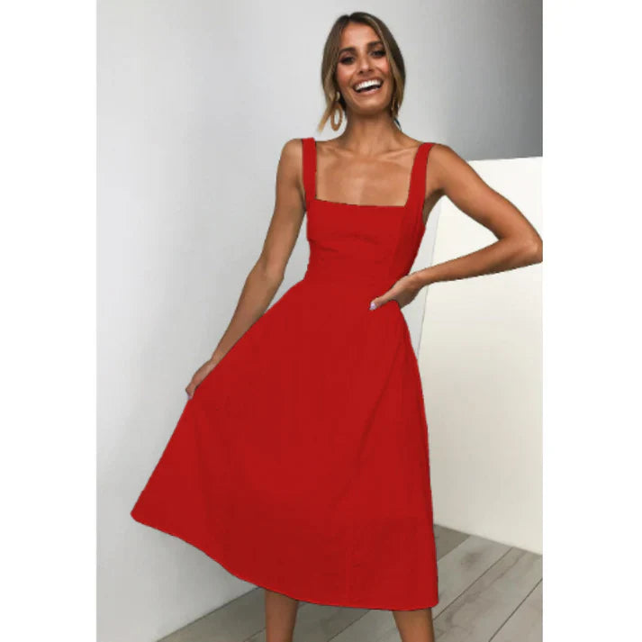 Robe mi-longue trapèze sans manches à col carré
